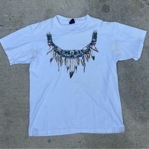 White T-Shirt with Feather Necklace Print